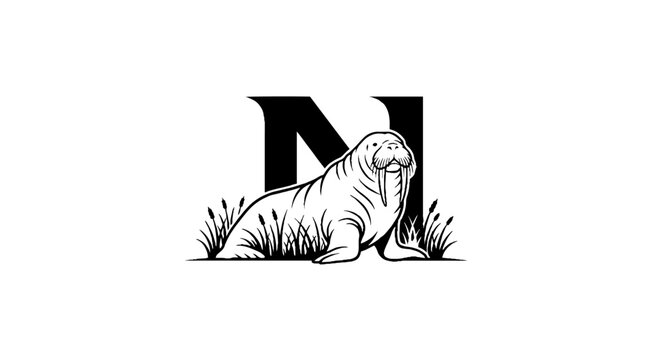 Manatee illustration with large letter N design.