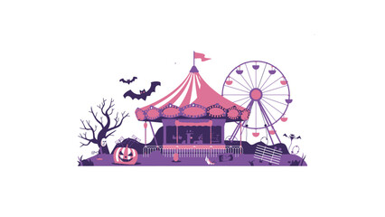 Naklejka premium Spooky Halloween Carnival Illustration with Haunted Circus Tent, Ferris Wheel, Pumpkin, and Bats on White Background