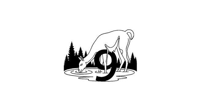 Bear drinking water from a pond with trees in background.