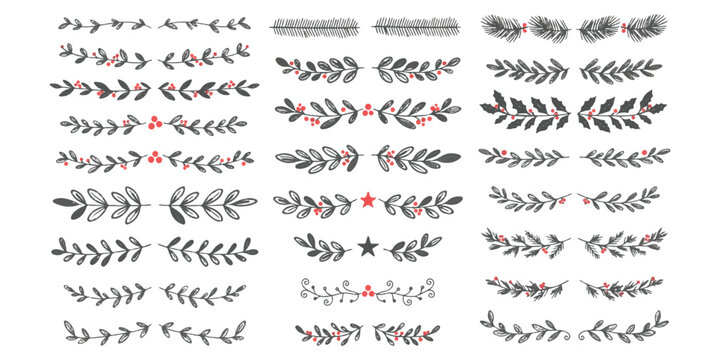 Set of hand drawn floral dividers and decorative leafy border elements for design