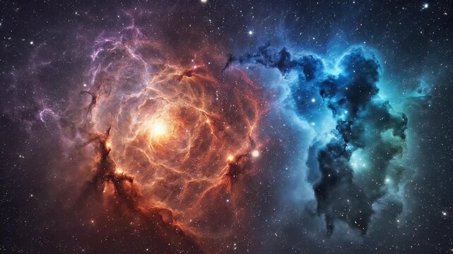 Cosmic nebula with swirling clouds of orange, purple, and blue hues