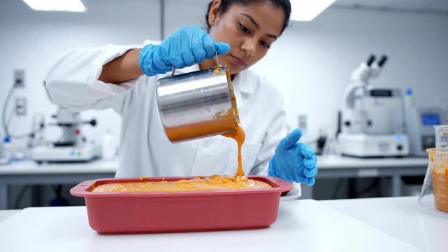 In a state-of-the-art lab, a dedicated scientist with gloves carefully pours a thick, bright orange substance into a bright red container, showcasing precision and skill.
