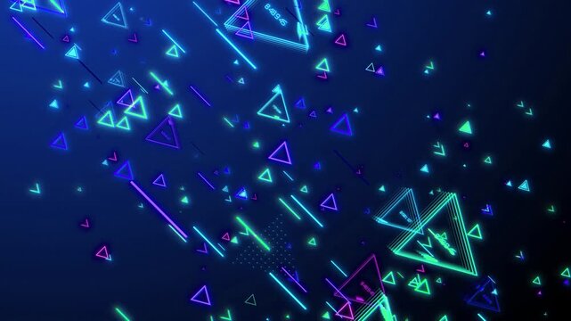 Neon triangle shapes abstract background digital technology futuristic glow geometric particles motion dark blue screen graphic design element