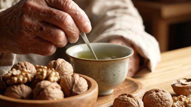 Elderly hand stirring tea cup on wooden table with walnut bowl saucer and spoon warm drink relaxation comfort cozy autumn mood for senior man