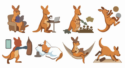 Naklejka premium Cute Australian Kangaroo Character Collection with Fun Daily Activities Vector Illustration