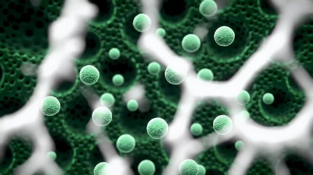 Abstract microscopic view of green textured spheres and fuzzy white structures