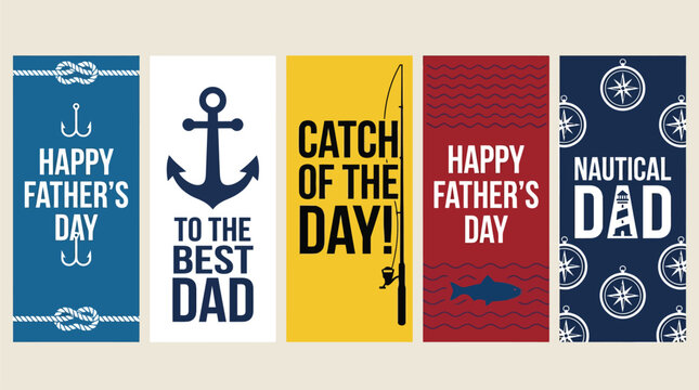 Conjunto de Banners Verticales de Estilo N&aacute;utico para el D&iacute;a del Padre Vector para Tarjetas, Redes Sociales y Decoraci&oacute;n (EPS)