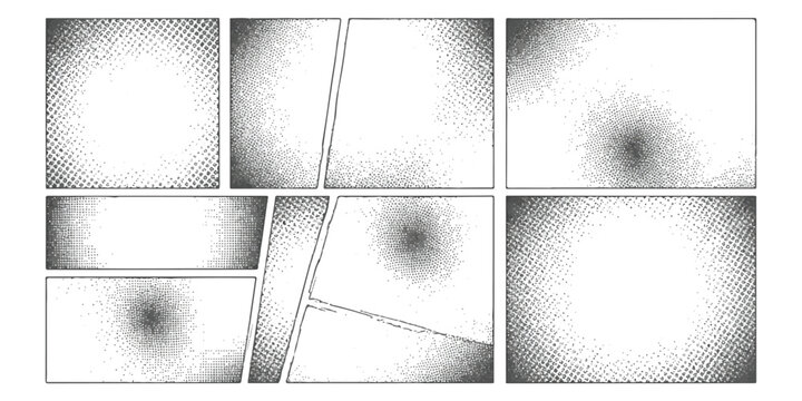 Comic book page layout template with manga style halftone dot patterns and frame borders