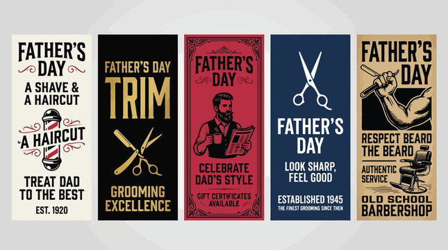 Vatertag Barbershop Vintage Banner Vektor Set f&uuml;r Herrenpflege Marketing, Friseursalon Dekoration und Retro Werbeplakate im klassischen Stil (EPS)