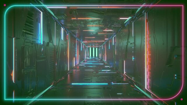 A futuristic neon lit corridor with a metallic surface and colorful glowing lines running along the walls and ceiling in a dark room with a long perspective