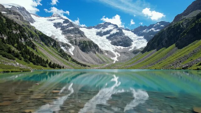 Serene glacial lake mirrors majestic snow-capped mountains and lush green slopes