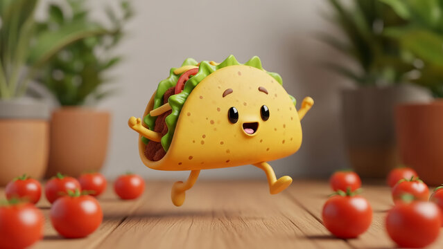 A happy cartoon taco running on a wooden table with tomatoes and plants in the background