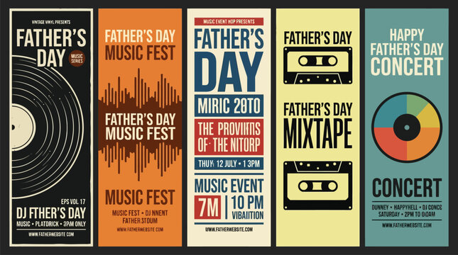 Vatertag Musik Festival Banner Vektor Set mit Retro Schallplatten und Kassetten Illustrationen f&uuml;r Event Marketing, Konzert Plakate & Soziale Medien (EPS)