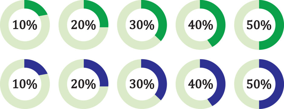 Set of circle percentage diagrams for infographics, 10, 20, 30, 40, 50, 60, 70, 80, 90, 100, percent. Vector illustration. Infographic circle with percentage 10 to 100 loading progress interface in Bl
