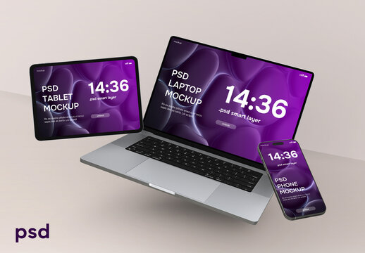 Isolated laptop, tablet and smartphone mockup set &ndash; 3D rendered images
