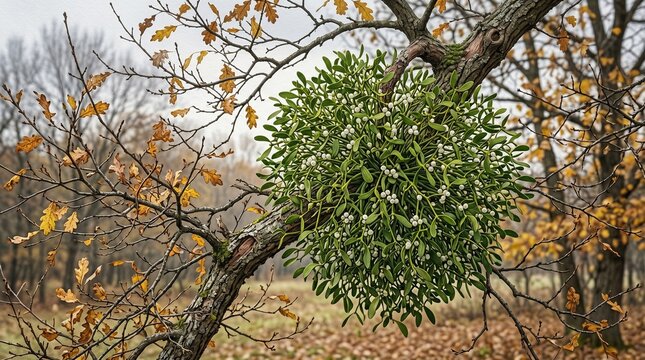 Green clusters cling as autumn fades.