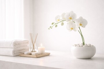 White orchid in vase on spa table with towels and candle, peaceful background © dvoevnore