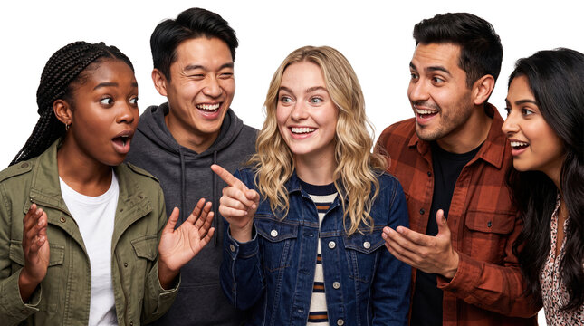 Diverse group of young excited people talking and pointing finger sideways on transparent background