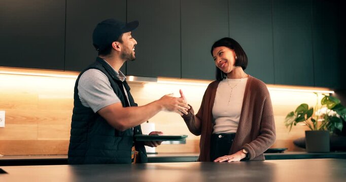 Tablet, woman and handshake with plumber in home, maintenance deal or house renovation. Tech, kitchen and shaking hands for repair service agreement, smile and thank you for fix with customer