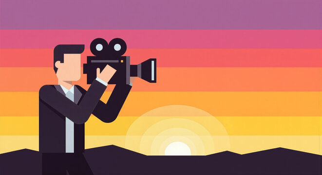 Man in suit filming with camera at sunset over mountain range capturing cinematic view of natural landscape with vibrant colors in sky