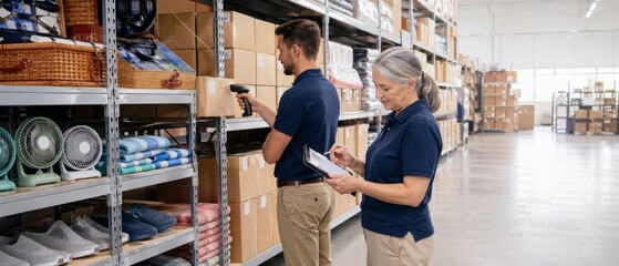 Warehouse employees conducting inventory check, focus on teamwork and logistics © dvoevnore