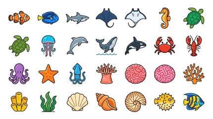 Obraz premium Ocean life vector icon 25 set, fish, dolphin, whale, coral, seashell. white bg