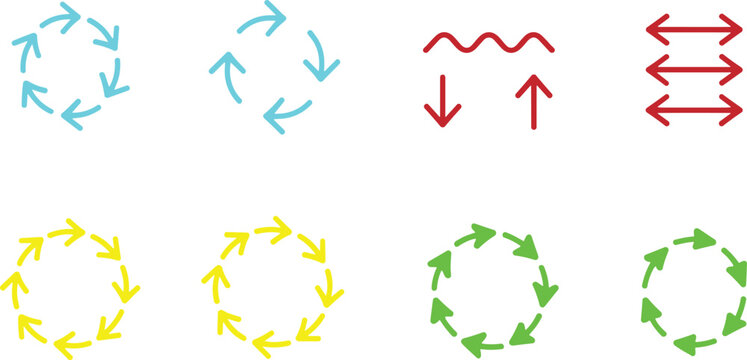 Collection of colorful arrows indicating cyclical movement and direction in various orientations