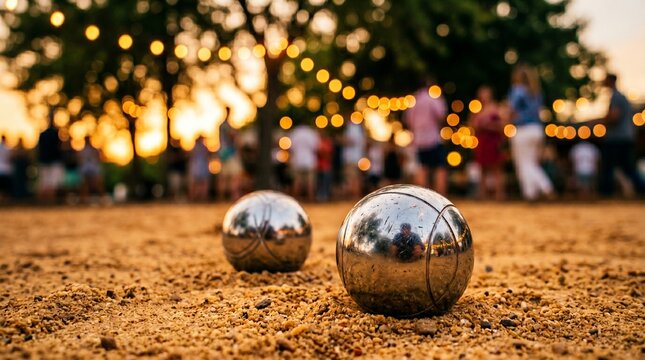 Metal balls rest on sandy court for bocce game at park. People play outdoor game under string lights at dusk. Evening leisure activity with friends. 
