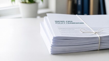 Smoke-free policy framework stack tied with string on a desk surface © dvoevnore