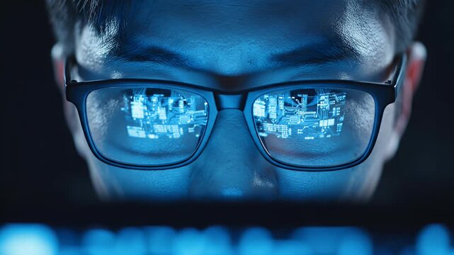 Close-up of a person wearing glasses with digital circuit reflection