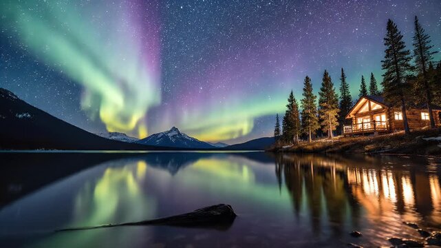 Cozy cabin by a lake under the aurora borealis and starry sky