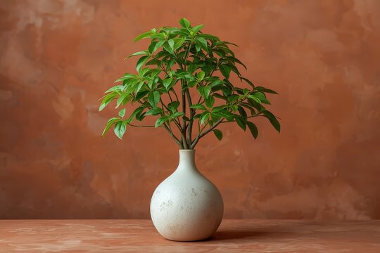 Crisp commercial studio botanical photograph of a young green Moringa drouhardii plant in a ceramic vase against a textured terracotta wall