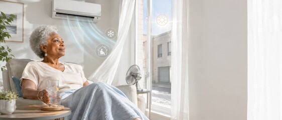 Mature woman relaxing in air-conditioned home during hot summer heatwave © dvoevnore