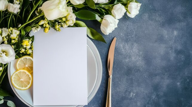 Elegant table setting with pink and white peonies, tulips, grey plate, blank card, cutlery and greenery on light blue surface photo for wedding, invitation or spring event design.
