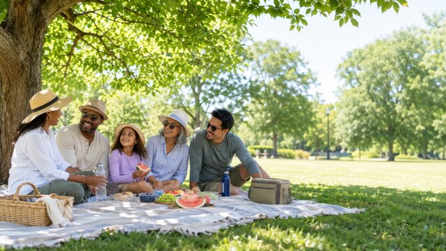 Family picnic under a tree in summer park, enjoying sun and selfcare