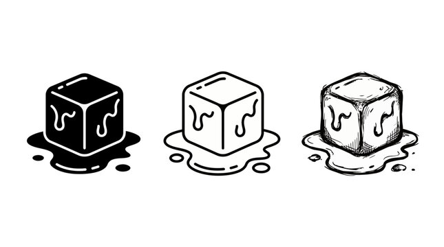 Three distinct melting ice cube illustrations: solid, outline and hand-drawn styles, set against a clean white background, illustrating cooling refreshment or the concept of change and impermanence