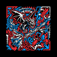 Obraz premium Aggressive Gargoyle Demon Illustration with Abstract Red and Blue Graffiti Elements.