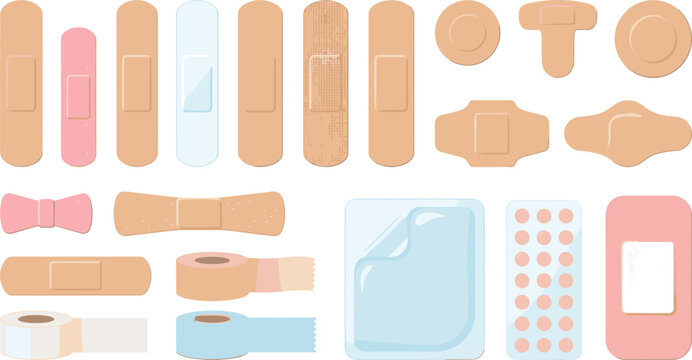 Adhesive Bandage and Medical Plaster Vector Graphic Set featuring Diverse Shapes, Hydrocolloid Patches, and First Aid Tape rolls for Skin Wound Care