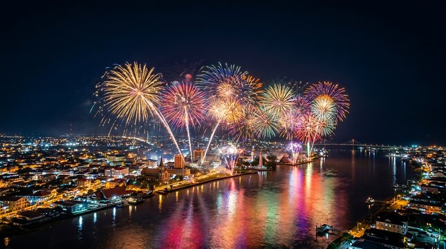 Aerial long exposure of colorful fireworks exploding over a waterfront city at night with river reflections