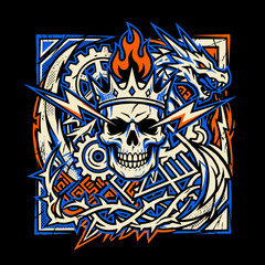 Obraz premium Gothic Skull Illustration with Crown Dragon Gears and Lightning Bolts in Vibrant Blue and Orange.