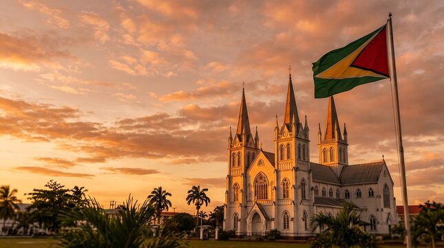 Architectural shot of St Georges Cathedral in Georgetown Guyana at sunset with waving national flag