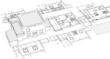 Fototapeta premium residential house architectural sketch 3d illustration