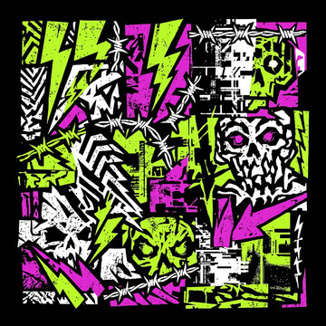 Edgy Punk Rock Graffiti Pattern with Skulls Barbed Wire and Lightning Bolts in Neon Colors.