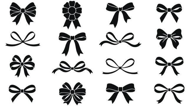 Collection of decorative ribbon bows in black silhouette style isolated on a white background