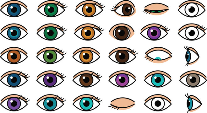 Cartoon human eye collection with different eye colors, expressions, angles and anime style facial elements