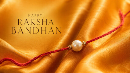 Fototapeta premium Rakhi on golden silk cloth for Raksha Bandhan celebration. Traditional Indian wrist band with pearl for brother and sister bond. Religious festival background for greeting card design.
