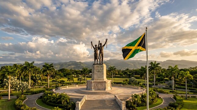 Emancipation Statue and Jamaican Flag at Emancipation Park in Kingston with Blue Cloudy Sky and Mountains