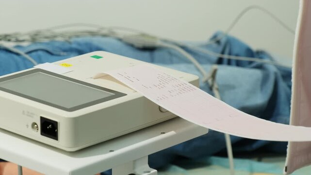 Diagnostic machine prints long paper strip with recorded test data continuously. Medic manages output preparing result for separation after test