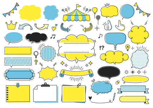 Hand-drawn speech bubbles, frames, and decorative elements set