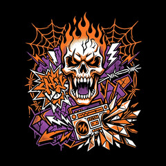 Obraz premium Flaming skull graffiti art with boombox and spider webs in urban street style.